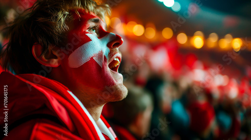 Ecstatic Danish fan with flag face paint at a soccer championship.
 photo