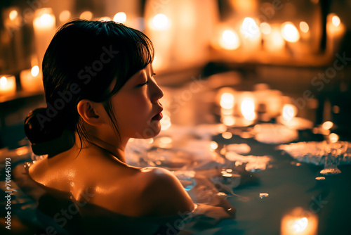Woman in candlelit bath, serene home spa experience.
 photo