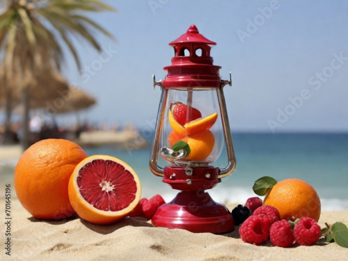 Merenda a base di frutta estiva in riva al mare: lamponi, more e arance photo