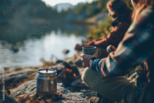 Campers or Hikers with hot drinks by lake at sunset, cozy outdoor moment.
 photo
