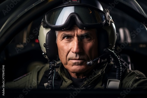 Portrait of an elderly man pilot in the cockpit of a helicopter