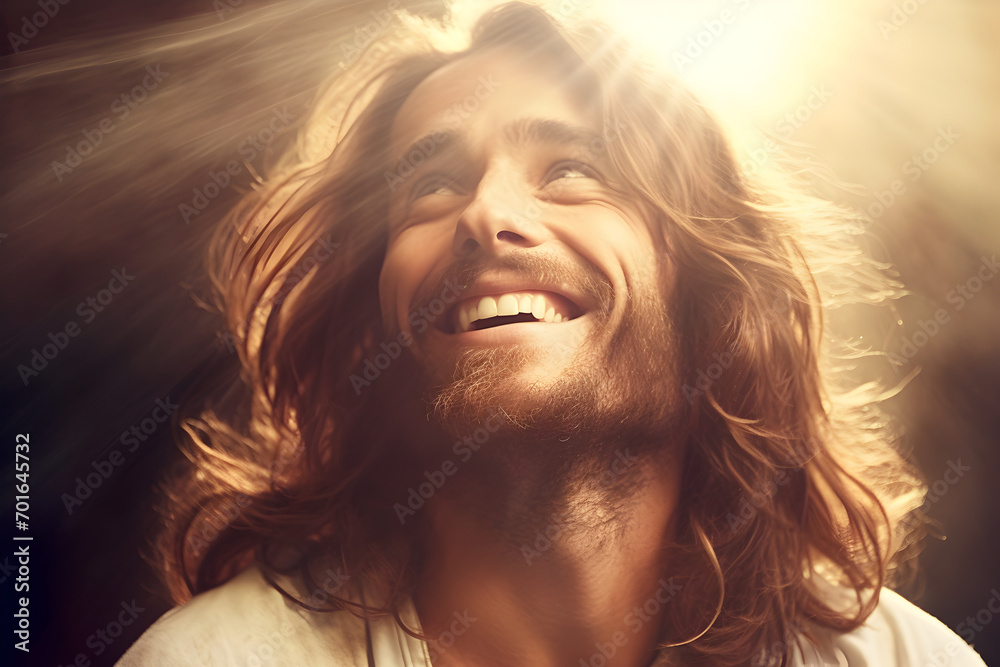 Portrait of a young man Jesus christ with long hair in the sunlight.