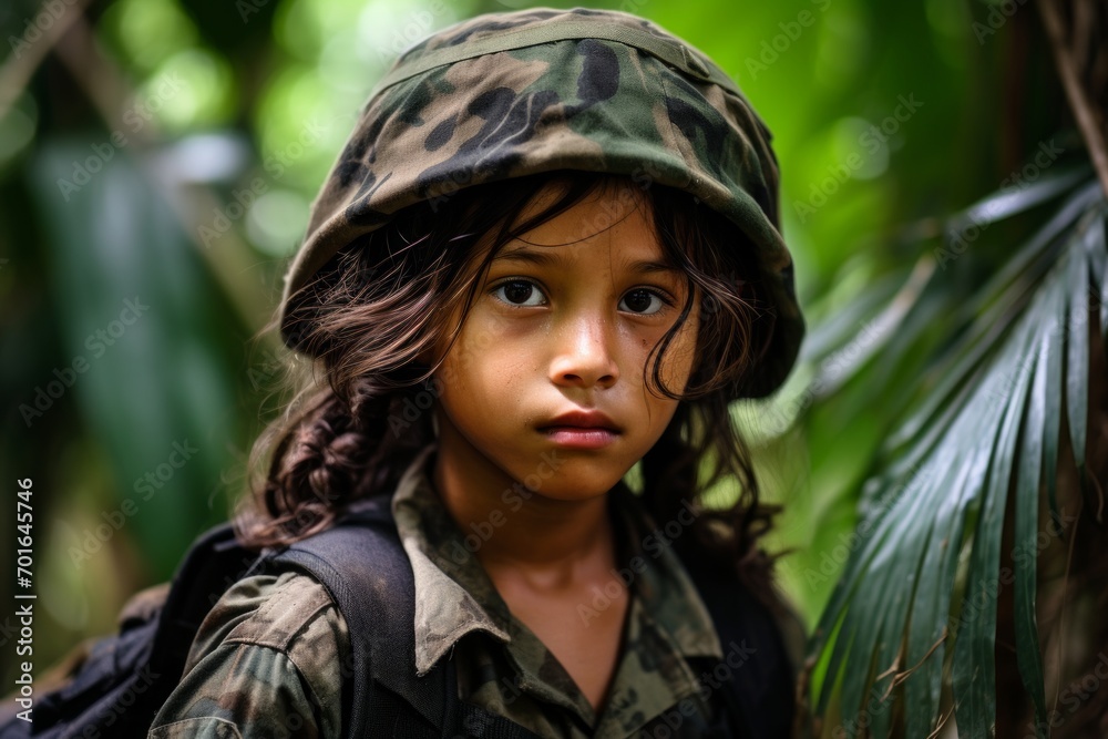 Portrait of a beautiful little girl in camouflage with a backpack. Portrait of a beautiful little girl in camouflage with a backpack.