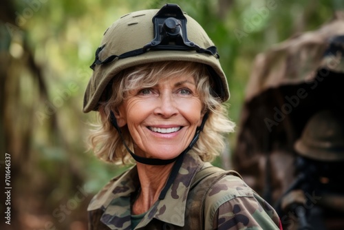 Portrait of a happy mature woman in military uniform in the forest