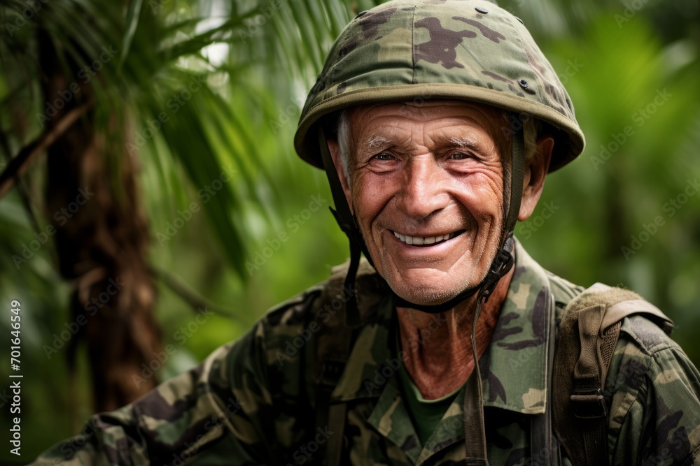 Portrait of an elderly soldier smiling at the camera in the jungle