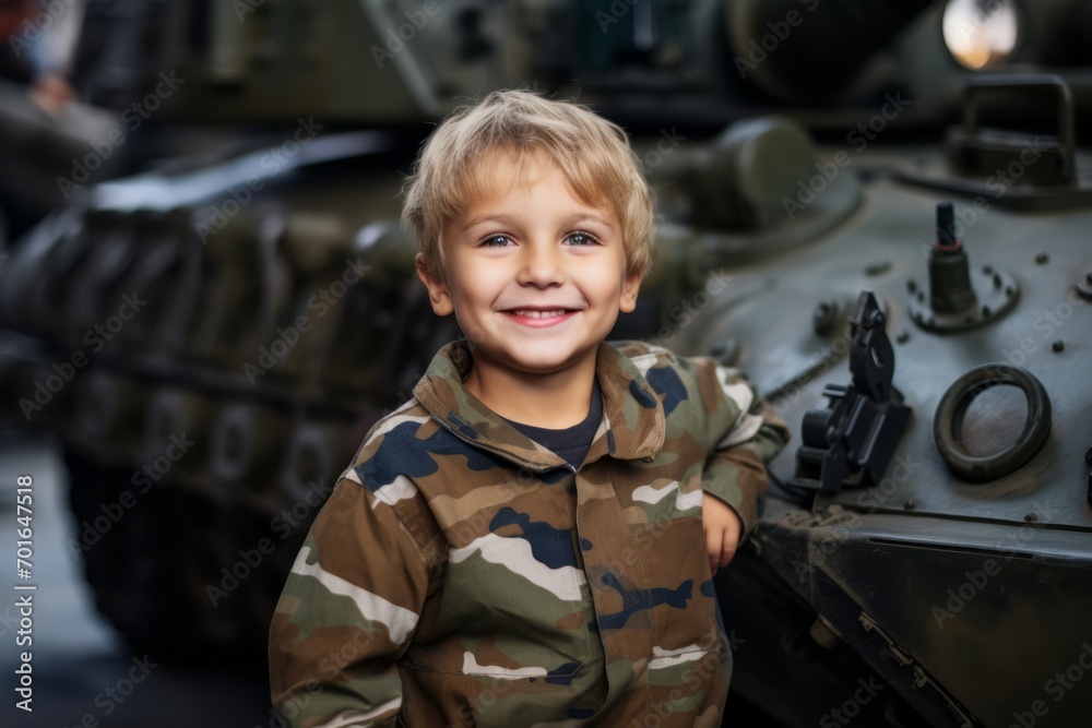 Portrait of a little boy on the background of military equipment. Portrait of a little boy on the background of military equipment.