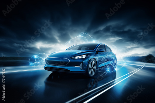 Electric car with lightning from wheels on the road at night. Electricity power symbol © scharfsinn86