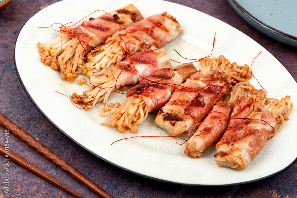 Roasted enoki mushrooms with bacon