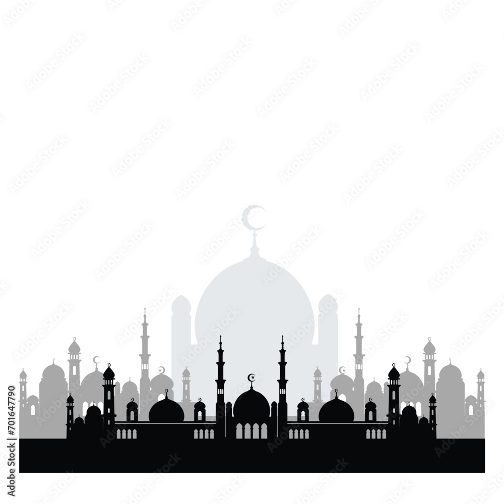 White black mosque silhoutte vector backgound. Ramadan Kareem siluet greeting card background vector design, Islamic holidays