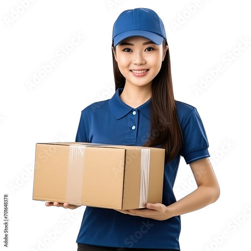 Female delivery in blue uniform holding cardboard box on isolate transparency background, PNG