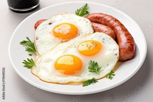 fried eggs with sausage in a white plate  close up