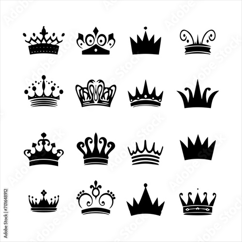 Set of king crowns and icon on white background, royal symbols, Crown icons set, Collection of crown silhouette.