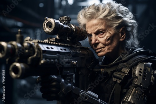 Portrait of an old woman with a machine gun in a dark room photo
