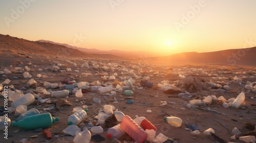 Desert landscape littered with plastic waste. Pile of garbage thrown on the sand, landfill junk.