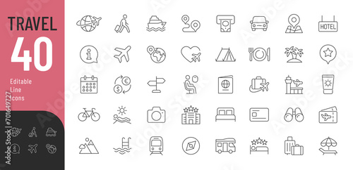 Travel Line Editable Icons set.Vector illustration in modern thin line style of tourism related icons: hotels, types of tourism, tourist transport, locations, etc. Isolated on white photo