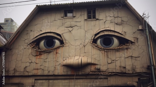 Very old shabby building with eyes. Real house emoticon. Emoji construction