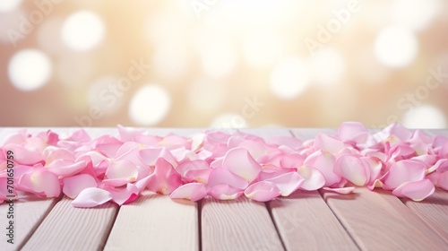 Romantic flower petals laid on wooden board, Valentine's Day concept background © lin