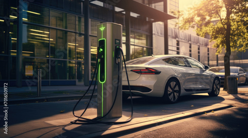 Modern EV parked at charging station promotes sustainable mobility.