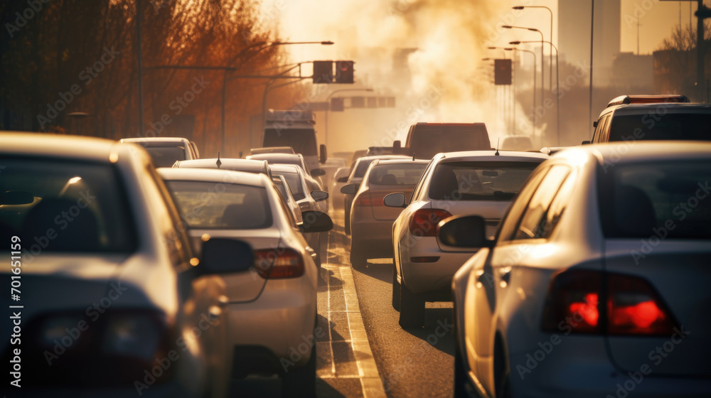 Gridlocked traffic emits exhaust fumes, causing environmental air pollution.