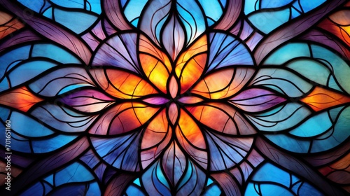 Radiant stained glass design forms an intricate and colorful background.