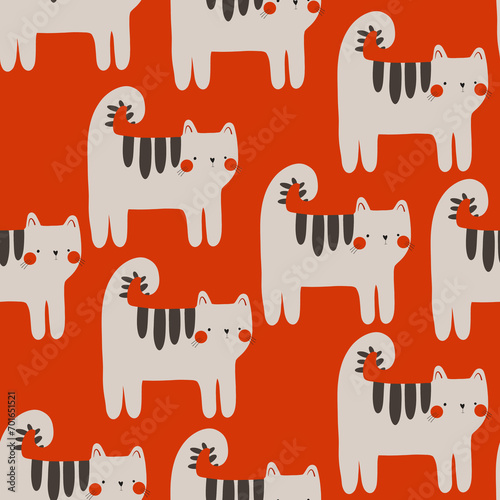 seamless pattern with cute cartoon striped cat. Funny characters