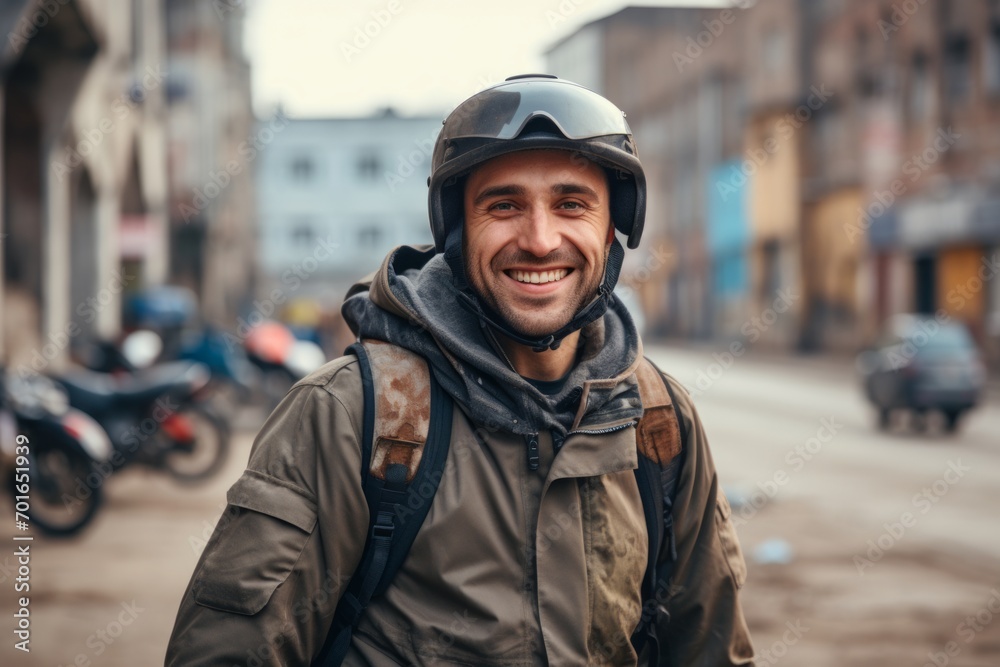 Portrait of a smiling young man in a helmet and a jacket on a city street