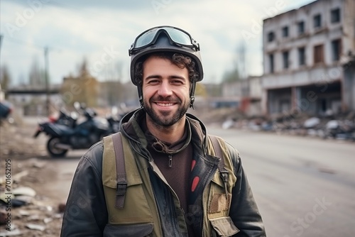 Portrait of a motorcyclist in a helmet on the background of an abandoned building © Nerea