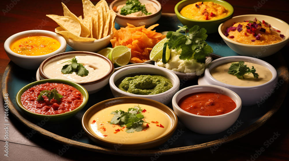 Assorted Mexican dishes with cheese sauce
