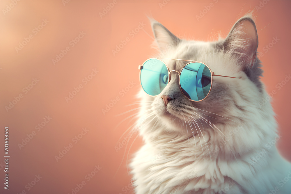 Creative animal concept. Ragdoll cat kitten in sunglass shade glasses isolated on solid pastel background, commercial, editorial advertisement, surreal surrealism	
