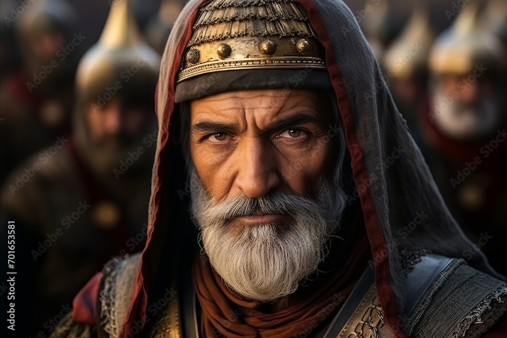 Portrait of an old man in armor with a white beard.