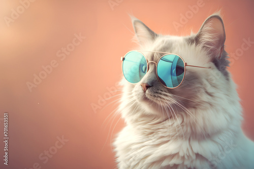 Fototapeta Naklejka Na Ścianę i Meble -  Creative animal concept. Ragdoll cat kitten in sunglass shade glasses isolated on solid pastel background, commercial, editorial advertisement, surreal surrealism	

