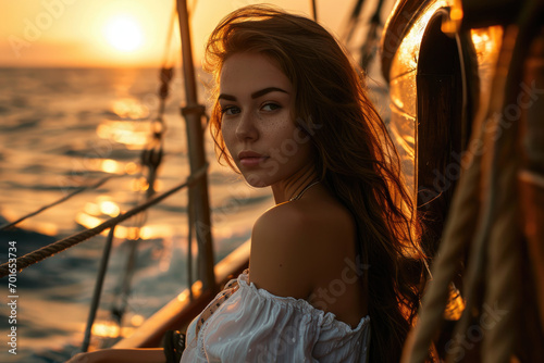 Beautiful girl on a yacht against the background of a bronze sunset