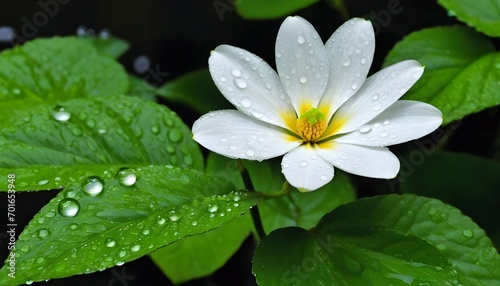  A White Flower with Yellow Center Amidst Green Leaves and Water Droplets 