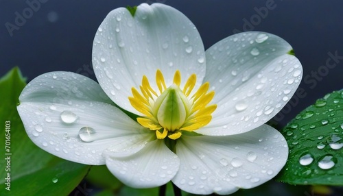 "A White Lotus Flower with Yellow Center and Water Droplets"