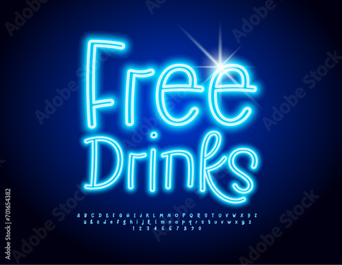 Vector Neon Banner Free Drinks. Glowing Blue Font. Set of Funny Alphabet Letters and Numbers.