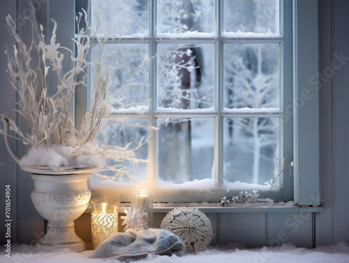 Frost patterns adorn a windowpane, partially revealing a festive scene outside, hinting at winter's charm.