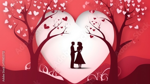 Illustration of a young couple on tree heart isolated red pink background. Generate AI image