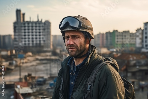 Portrait of a man in a helmet on the background of a construction site. © Nerea
