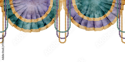 Hand drawn watercolor Mardi Gras carnival symbols. Garland festoon pelmet bead drape pearl strings, gold purple green. Seamless banner isolated on white background. Design party invitation, print shop photo