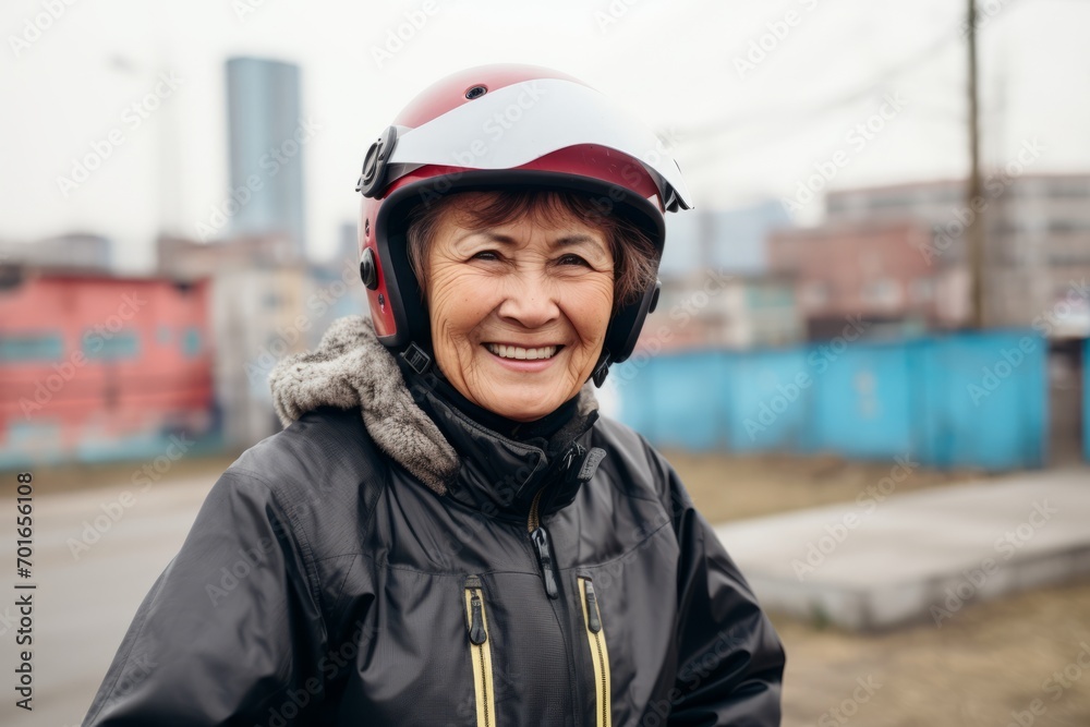 Portrait of a smiling senior woman wearing a helmet and jacket outdoors Portrait of a smiling senior woman wearing a helmet and jacket outdoors