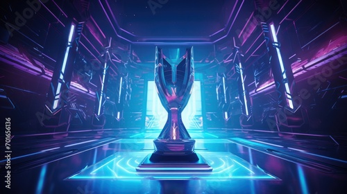 Winner trophy on modern stage with neon light background. AI generated image