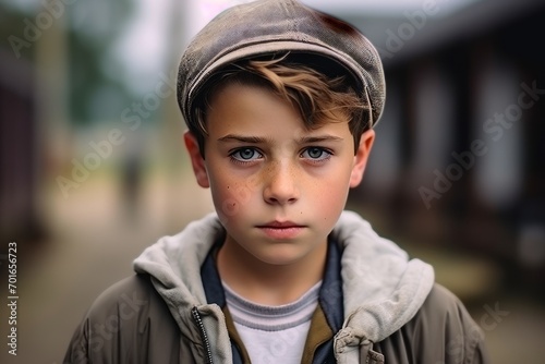portrait of a boy in a cap on a background of the street © Nerea