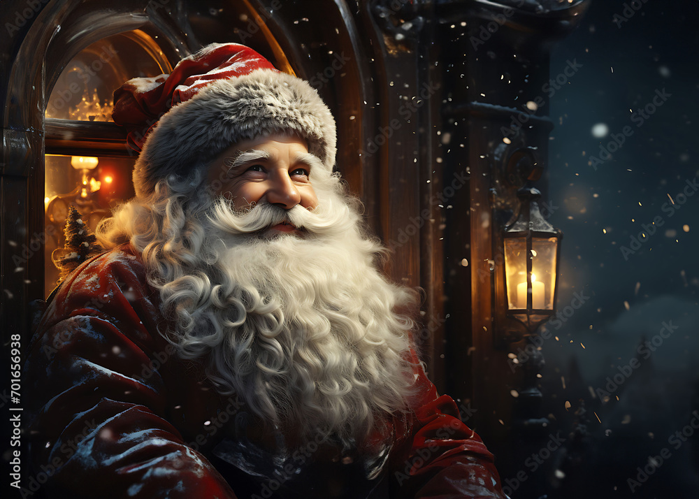 Santa Claus sit, creating a magical scene with a charming house in the background.