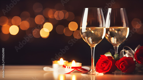 Valentine's day celebrate on two sparkling wine glasses decorated of red rose candle light with night light bokeh background with copy space. © sirins
