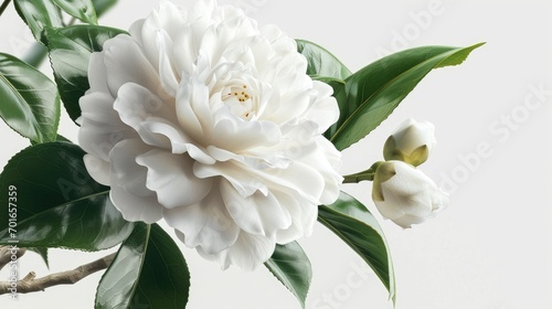 Exquisite White Camellia Flower in Full Bloom with Lush Green Leaves