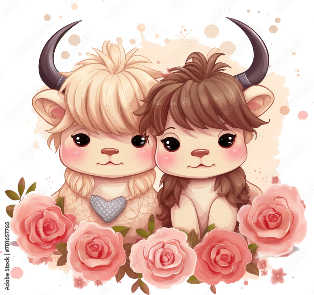Cute Highland Cow, Valentine's Day watercolor, Generative AI Cute Highland Cow, Valentine's Day watercolor, Generative AI