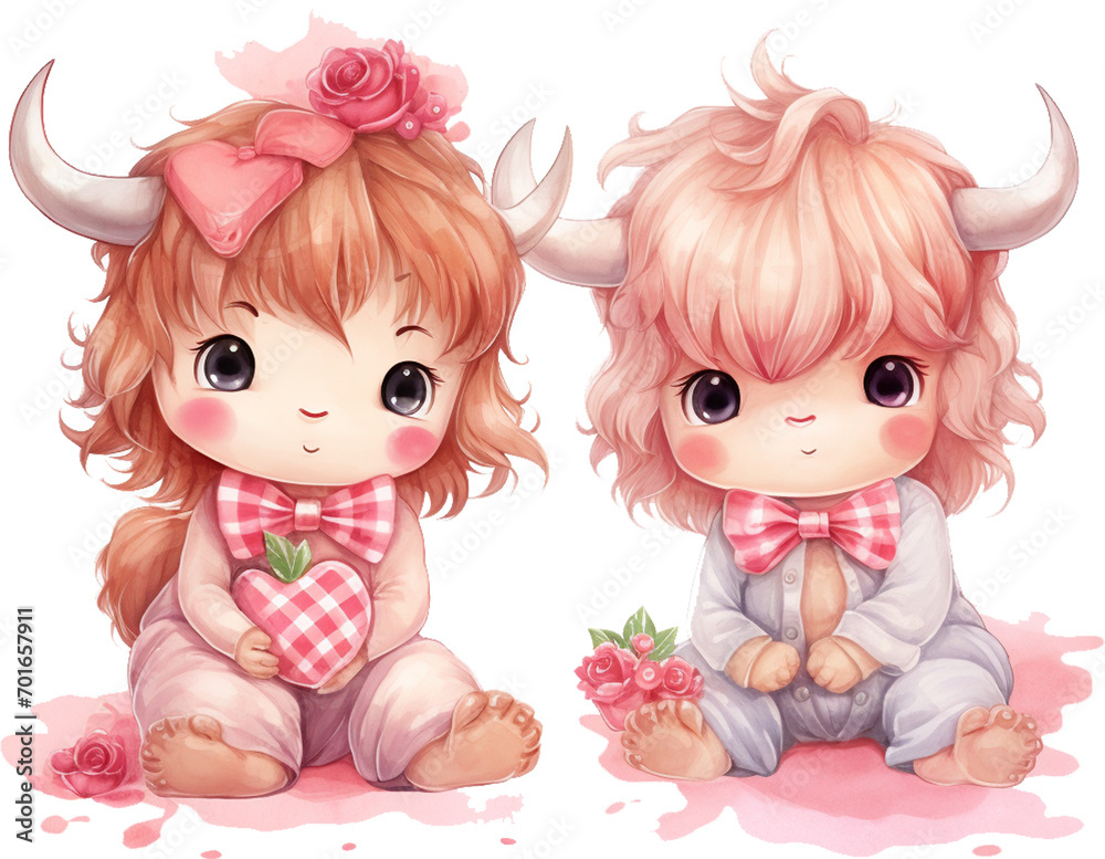 Cute Highland Cow, Valentine's Day watercolor, Generative AI Cute Highland Cow, Valentine's Day watercolor, Generative AI