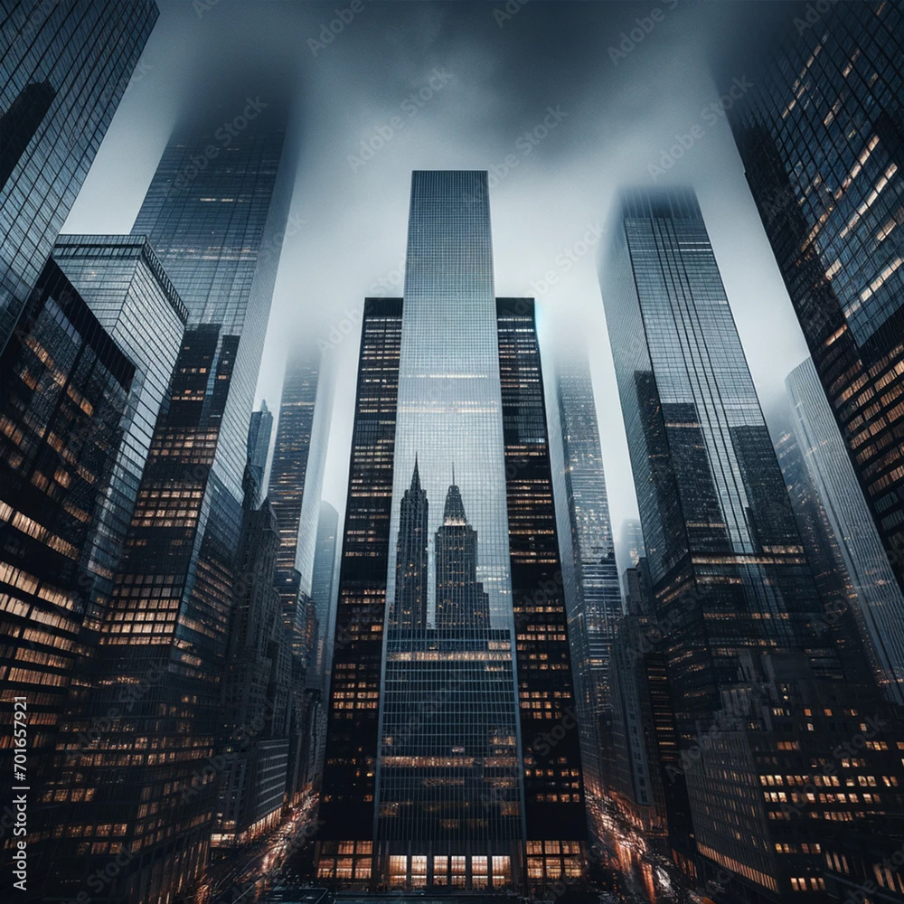 Majestic Urban architecture: Foggy Twilight over the City Skyscrapers