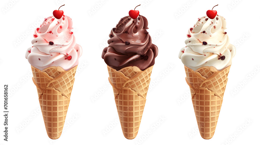 Chocolate, vanilla and strawberry Ice cream with topping in the cone on transparent background
