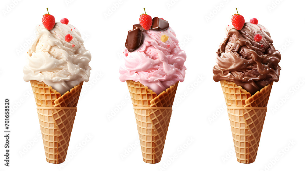 Chocolate, vanilla and strawberry Ice cream with topping in the cone on transparent background Chocolate, vanilla and strawberry Ice cream with topping in the cone on transparent background